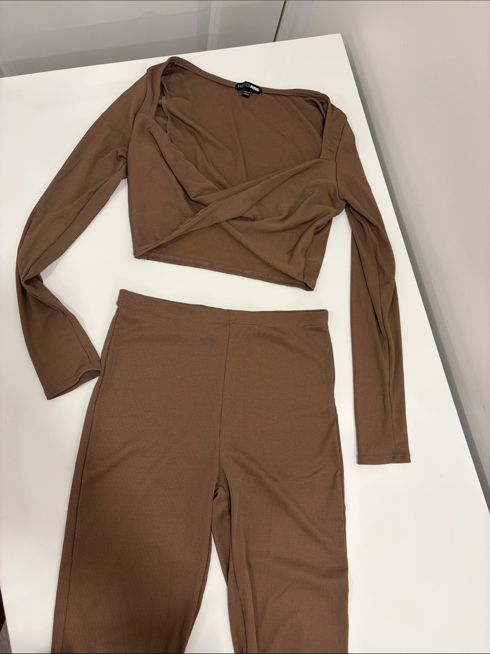 Fashion Nova Brown Ribbed Wrap Crop Top & High-Waist Leggings Set